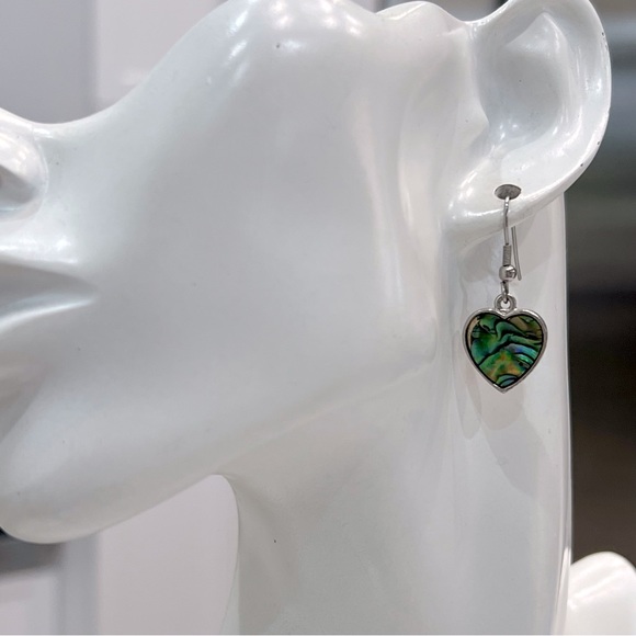 Abalone Shell Silver Heart Dangle Earrings - Picture 2 of 11